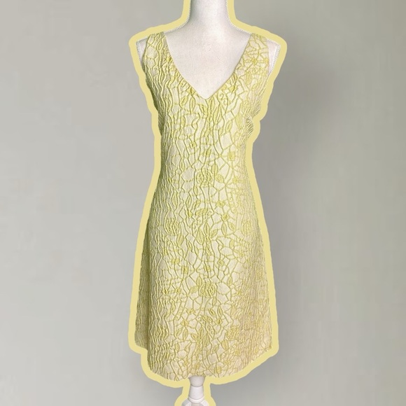 Piazza Sempione Chartreuse Green & Cream Embroidered Jacquard A-Line Dress Sz 12 - Picture 1 of 13